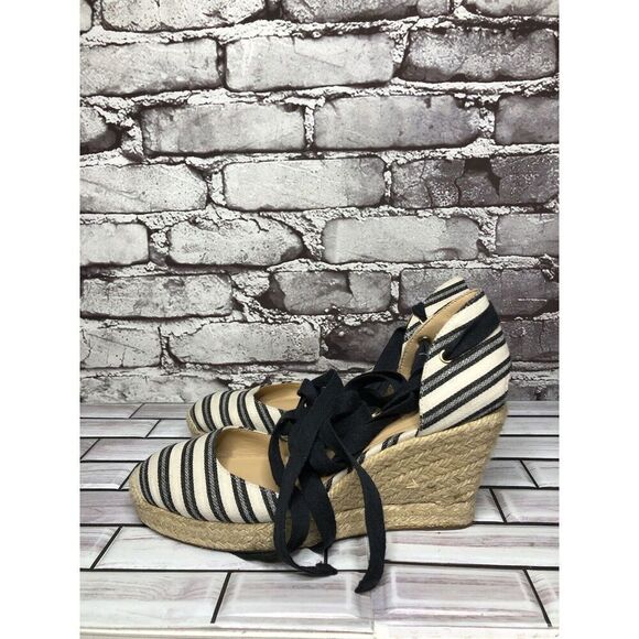 J.CREW Eloise Blue Striped Fabric Espadrilles Wedge Ankle Wrap Sandals Women 8M - Picture 1 of 16